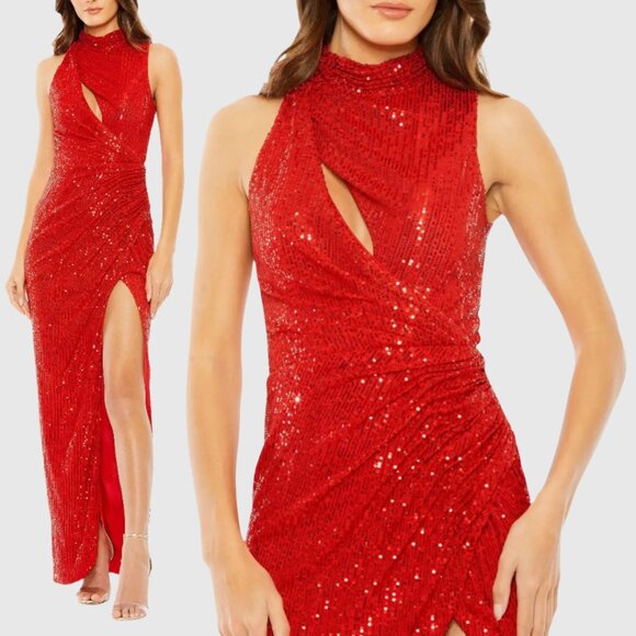 Mac Duggal 27183 Womens Size 6 Red High Neck Ruched Waist Sequin Gown Maxi Dress - Picture 1 of 2
